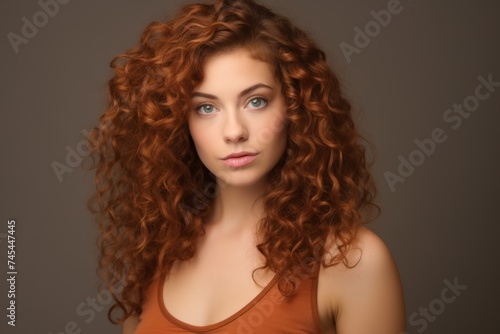 Portrait of a beautiful young woman with long curly red hair.