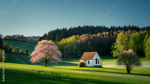 Uma igrejinha escondida entre cerejeiras floridas em um campo verdejante sob um céu azul brilhante photo