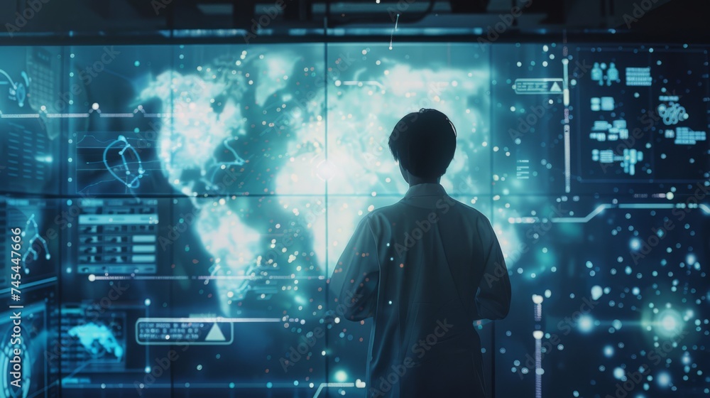 Digital analytics data visualization. Person standing in front of holographic displays. Big data. Network connection. Artificial intelligence technology. Digital tech. Digital analytics data visualization. Person standing in front of holographic displays. Big data. Network connection. Artificial intelligence technology. Digital tech.