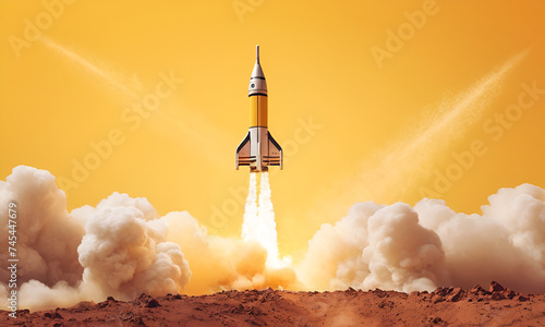 Rocket launching on yellow background, New Project, Start-up