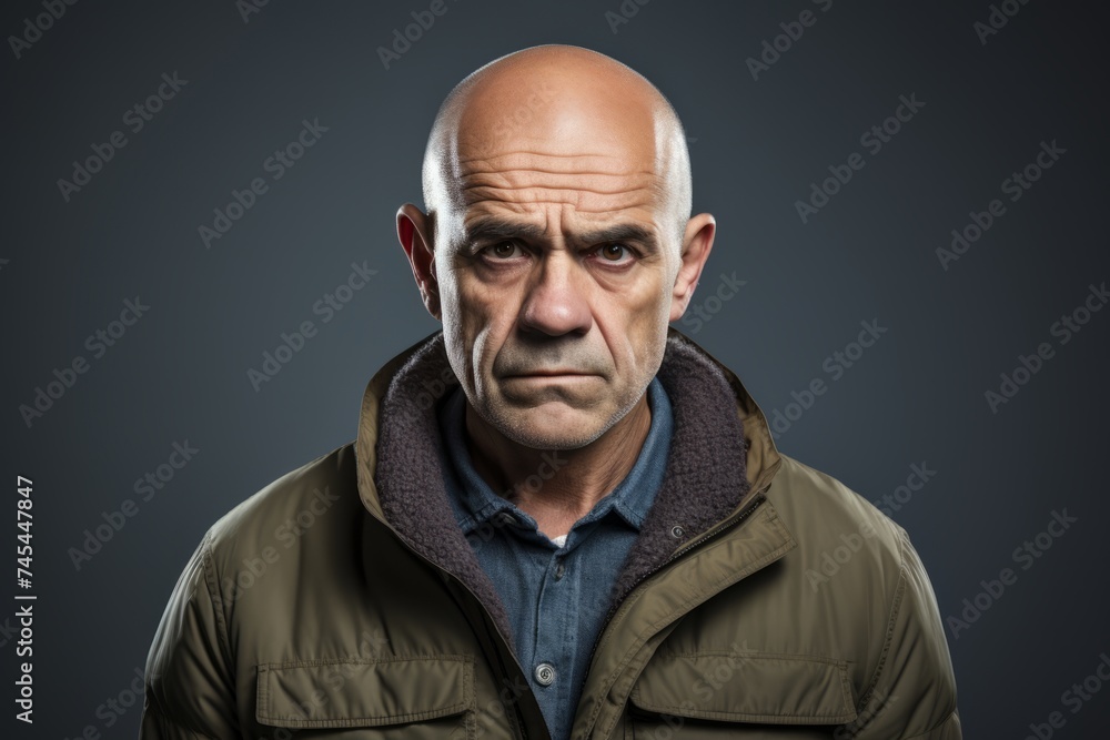 Bald senior man with serious expression on his face wearing a jacket Bald senior man with serious expression on his face wearing a jacket