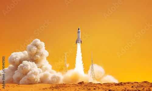 Rocket launching on yellow background, New Project, Start-up
