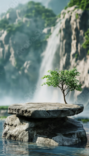 a rock podium designed to showcase products waterfall background