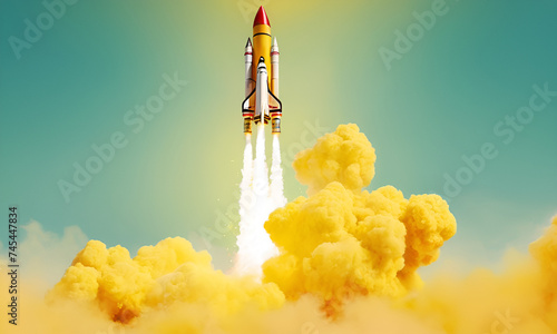 Rocket launching on yellow background, New Project, Start-up