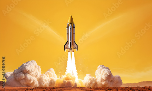 Rocket launching on yellow background, New Project, Start-up