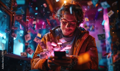 A young happy man is holding a smartphone in his hand. Holograms of currencies fly out of the smartphone