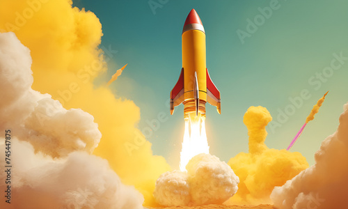 Rocket launching on yellow background, New Project, Start-up