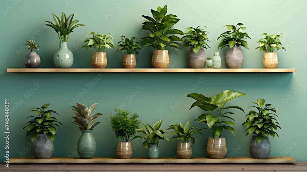 shelf with Indoor plants in a white pot on a green background shelf with Indoor plants in a white pot on a green background