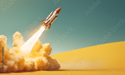 Rocket launching on yellow background, New Project, Start-up