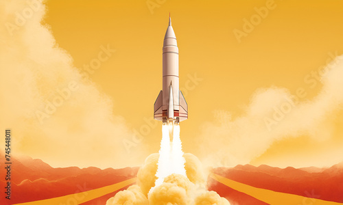 Rocket launching on yellow background, New Project, Start-up