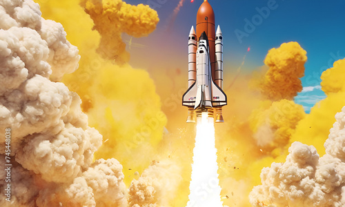 Rocket launching on yellow background, New Project, Start-up
