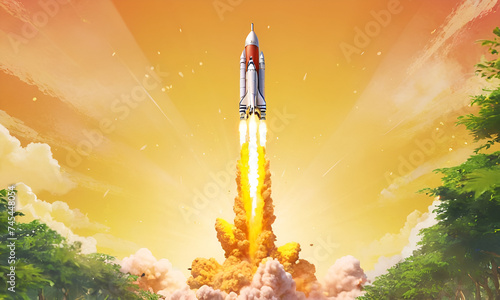 Rocket launching on yellow background, New Project, Start-up