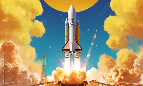 Rocket launching on yellow background, New Project, Start-up