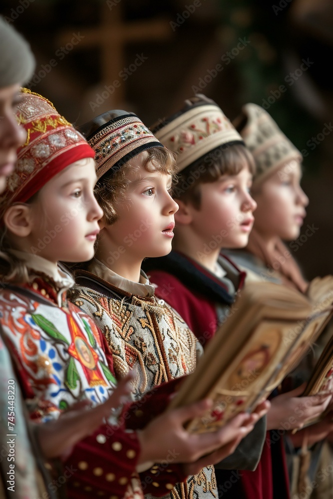 Fototapeta premium Choir Boys Singing in Traditional Church Ceremony