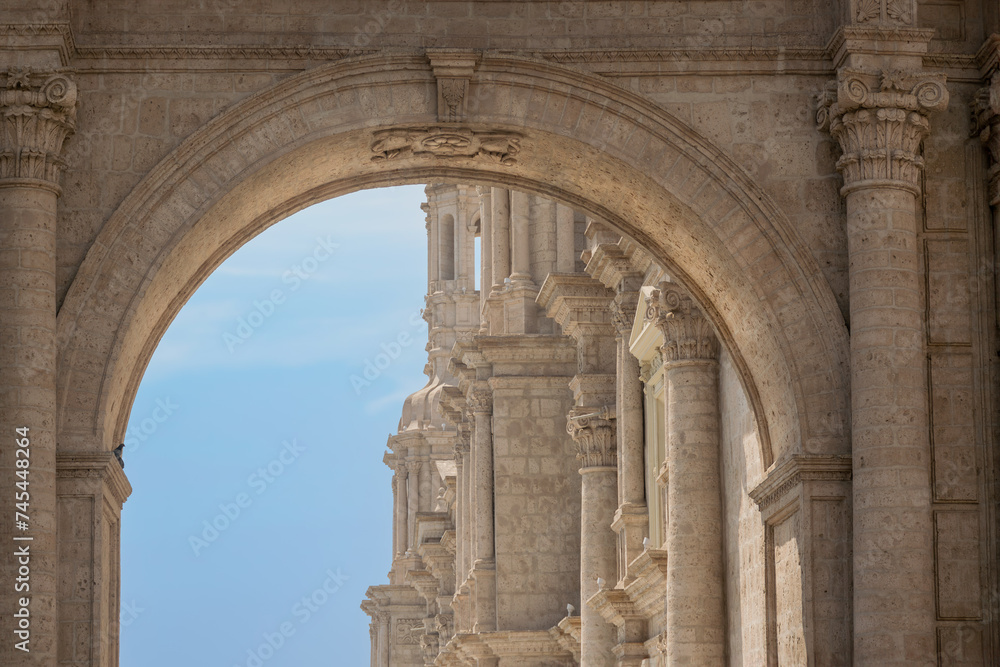 Arc of Arequipa's main Cathedral, on sunset light with blue sky