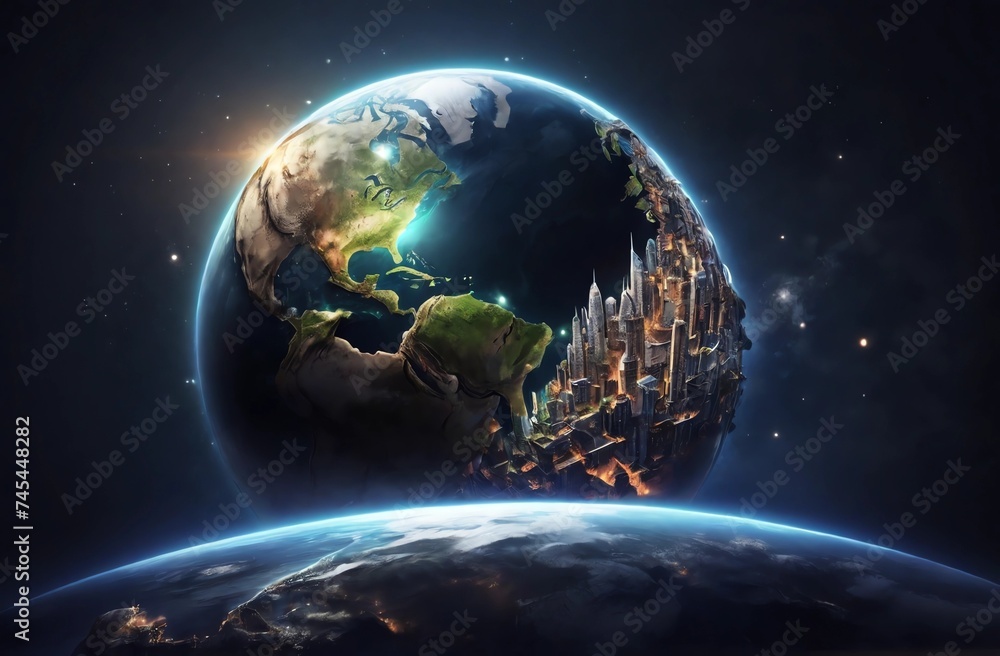 Banner, lots of space for text. Planet Earth with illuminated cities. Earth Day concept.