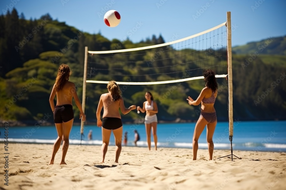 Group of Four Young Women Laughing and Playing a Friendly Game of Beach Volleyball on a Sandy Shore next to Crystal Clear Blue Ocean Waters under the Warm Sun on a Perfect Summer Afternoon