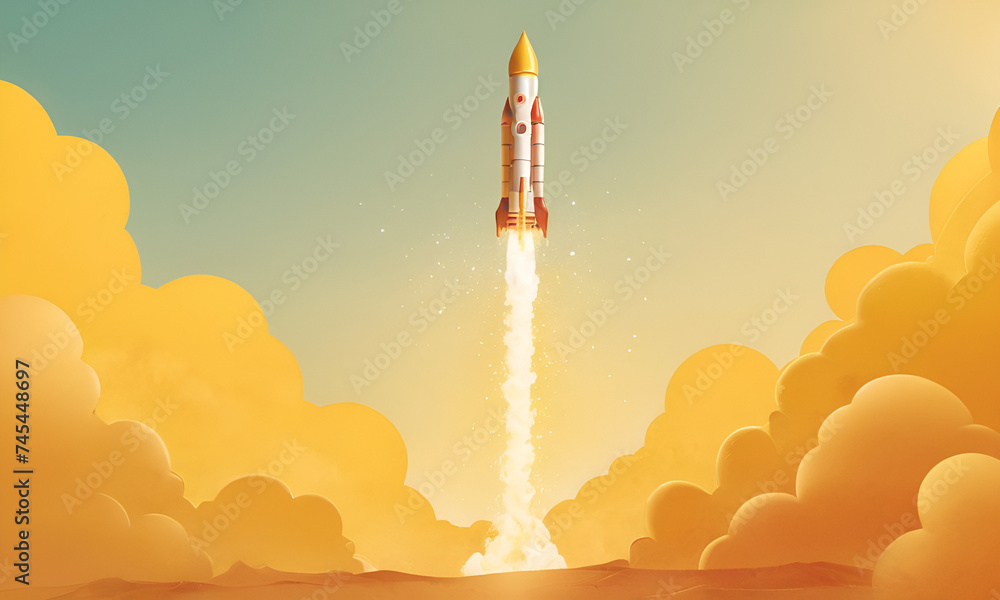Rocket launching on yellow background, New Project, Start-up