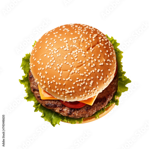 A top view of a hamburger with cheese, isolated on a transparent background