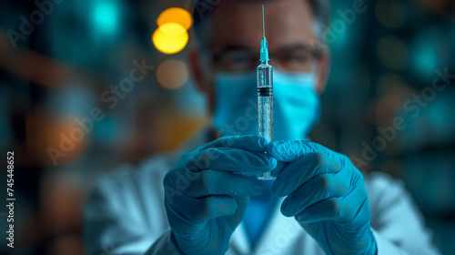 Doctor holding a vaccine, doctor wearing globes holding a syringe photo
