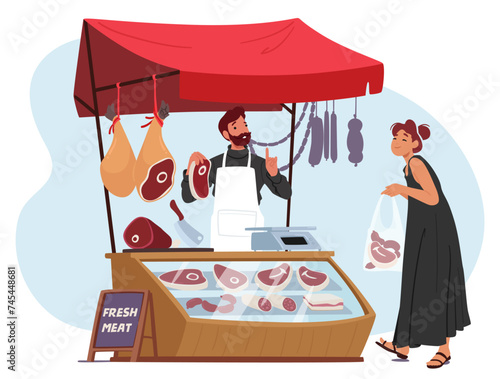 Farmer At Butchery Stall, Proudly Holds Up A Piece Of Fresh, Succulent Meat, Its Rich Color Testament To The Quality