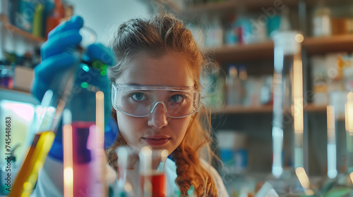 Cientista feminina em laboratório usando óculos de segurança e segurando tubo de ensaio com líquido colorido photo