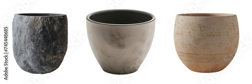 A collection of minimalist stoneware pots and vases, isolated on a transparent background