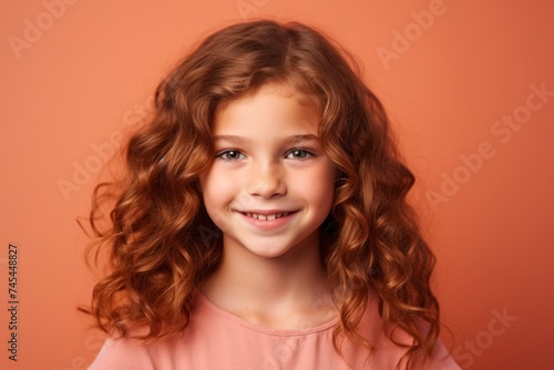 Portrait of a cute little girl with long curly hair on orange background