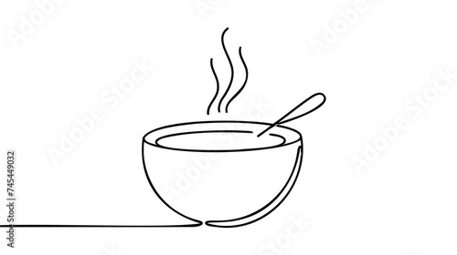 Continuous one single line of a soup with spoon food concept in silhouette on a white background. Linear stylized