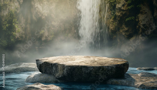 a rock podium designed to showcase products waterfall background