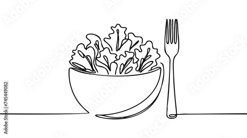 Single continuous line drawing of stylized vegetables salad on bowl logo label.