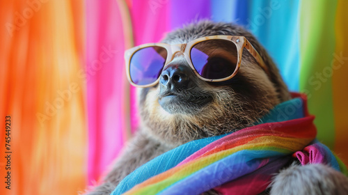 cute sloth sunglasses and scarf in studio with a colorful and bright background. Generative Ai photo