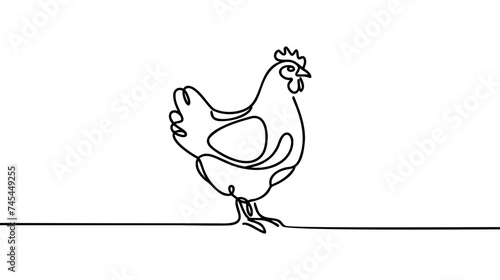 Hen in continuous line art drawing style. Chicken minimalist black linear design isolated on white background.