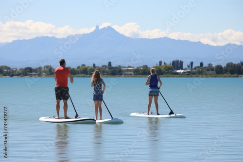 Family Embarking on a Joyful Stand-Up Paddleboarding Adventure on a Calm Lake Surrounded by Spectacular Snow-Covered Peaks  Creating Cherished Moments of Togetherness and Fun