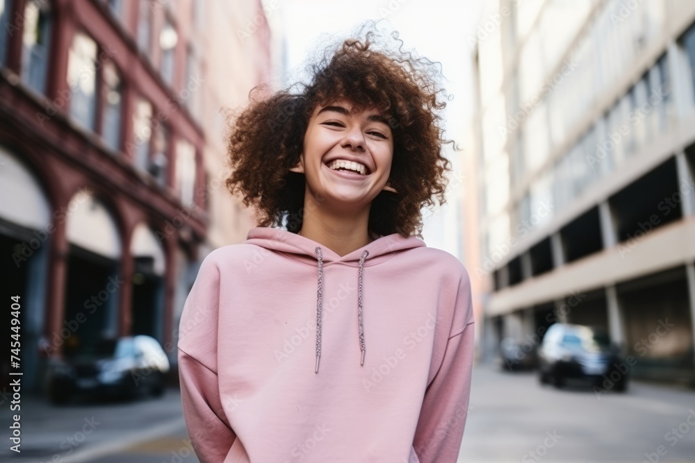 Portrait of a beautiful young woman laughing and looking at the camera