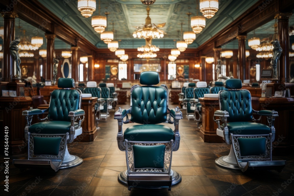 Luxurious and Elegant Barbershop Interior Design Featuring Plush Green Leather Chairs, Exquisite Crystal Chandeliers, Vintage Decor Elements, and Stylish Barber Tools for a Sophisticated Atmosphere. - obrazy, fototapety, plakaty 
