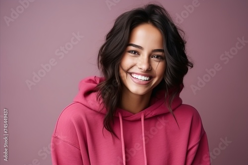 Portrait of a smiling young woman in a pink hoodie.
