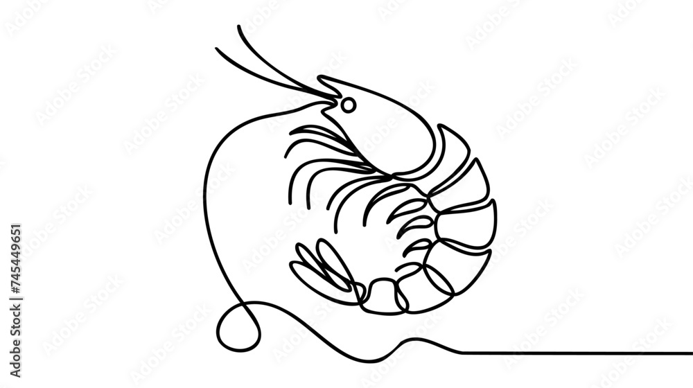 One continuous line drawing of fresh shrimp for seafood logo identity. One continuous line drawing of fresh shrimp for seafood logo identity.