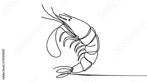 One continuous line drawing of fresh shrimp for seafood logo identity.