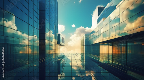 A soaring skyscraper with glass walls reflecting the surrounding city lights and melancholy blue sky