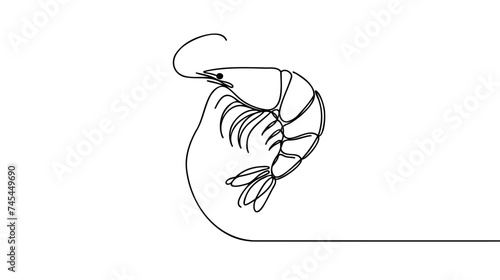 One continuous line drawing of fresh shrimp for seafood logo identity.