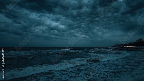 Evening dramatic sky with storm clouds, stormy ocean shore