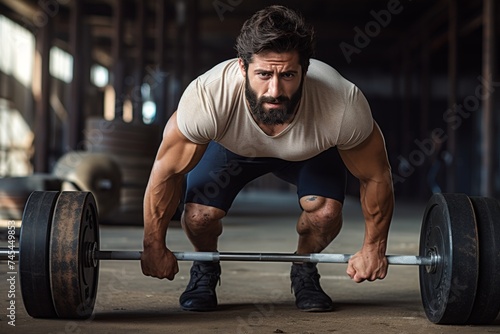 Muscular athlete in sportswear performing a challenging barbell deadlift with heavy weights, showcasing strength and dedication to fitness. Image represents commitment to physical excellence.