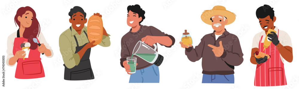 Farmers With Natural Farming Production. Male and Female Characters with Ice Cream, Bread, Fresh Juice, Honey or Hot Dog Farmers With Natural Farming Production. Male and Female Characters with Ice Cream, Bread, Fresh Juice, Honey or Hot Dog