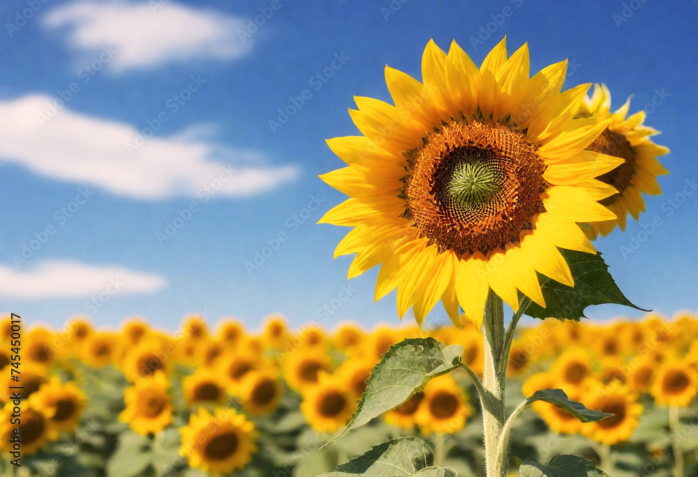 Fototapeta premium Close-up of a sunflower with a field of sunflowers in the background under a clear blue sky generative AI