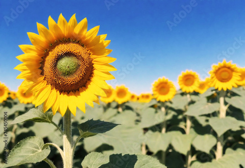 Close-up of a sunflower with a field of sunflowers in the background under a clear blue sky generative AI