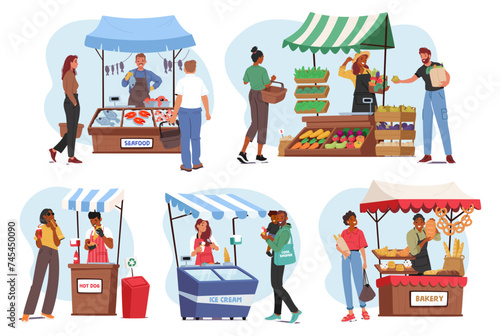 Farmers With Natural Farming Production at Outdoor Vendor Kiosks. Male And Female Characters Offering Ice Cream