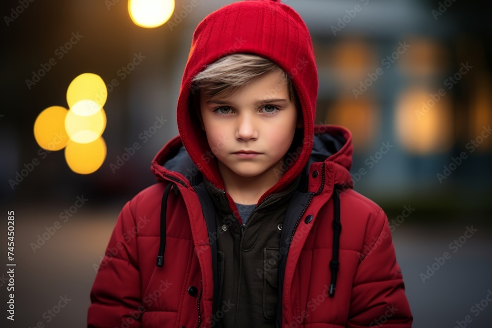 portrait of a boy in a red winter jacket on the street portrait of a boy in a red winter jacket on the street