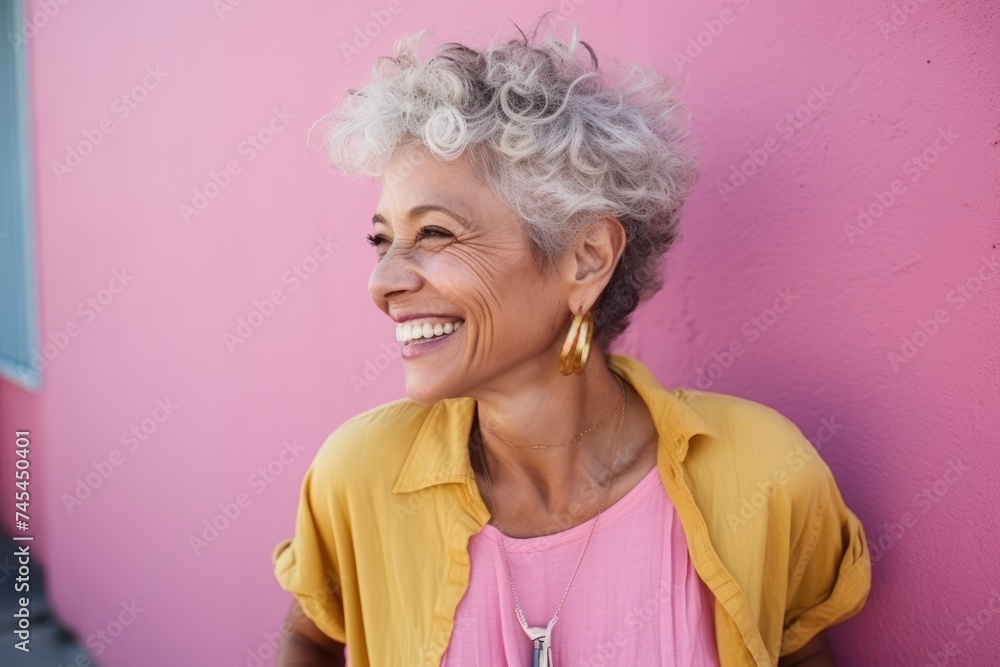 Portrait of smiling senior woman standing against pink wall, looking away Portrait of smiling senior woman standing against pink wall, looking away
