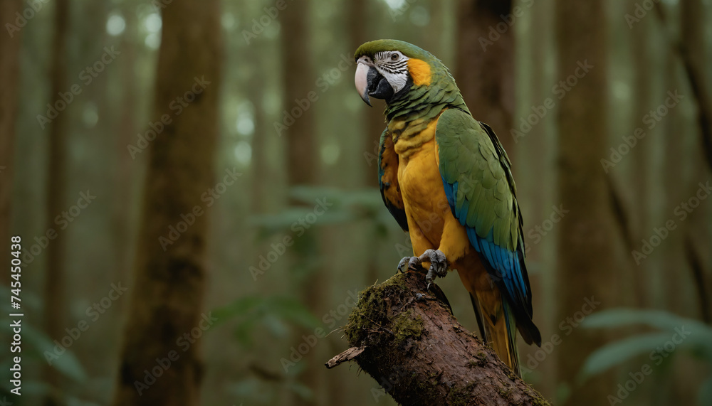 A brightly coloured Ara on a branch in the rainforest A brightly coloured Ara on a branch in the rainforest